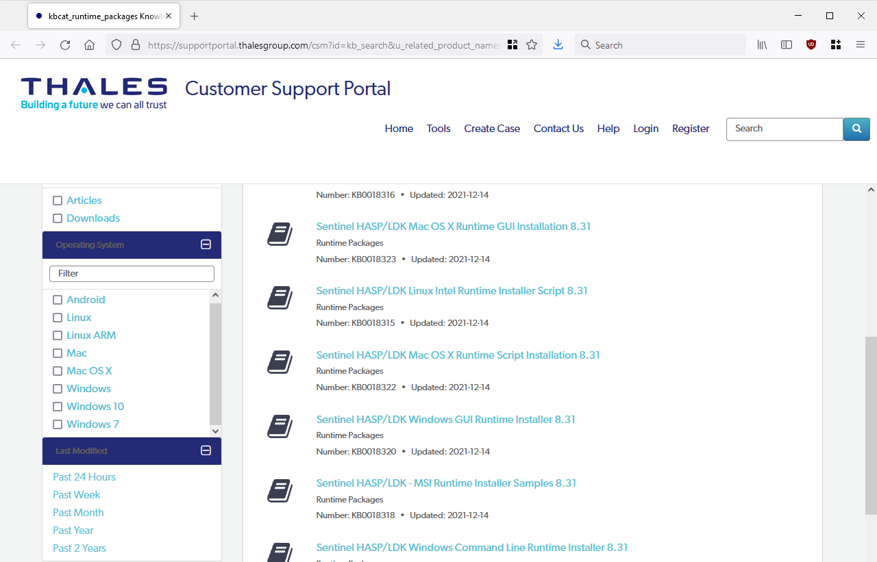 Screenshot Of the Thales HASP Driver Page